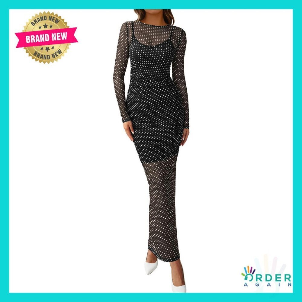 Polka Dot Mesh Bodycon Dress Set Long Sleeve Sexy Elegant Wedding Guest